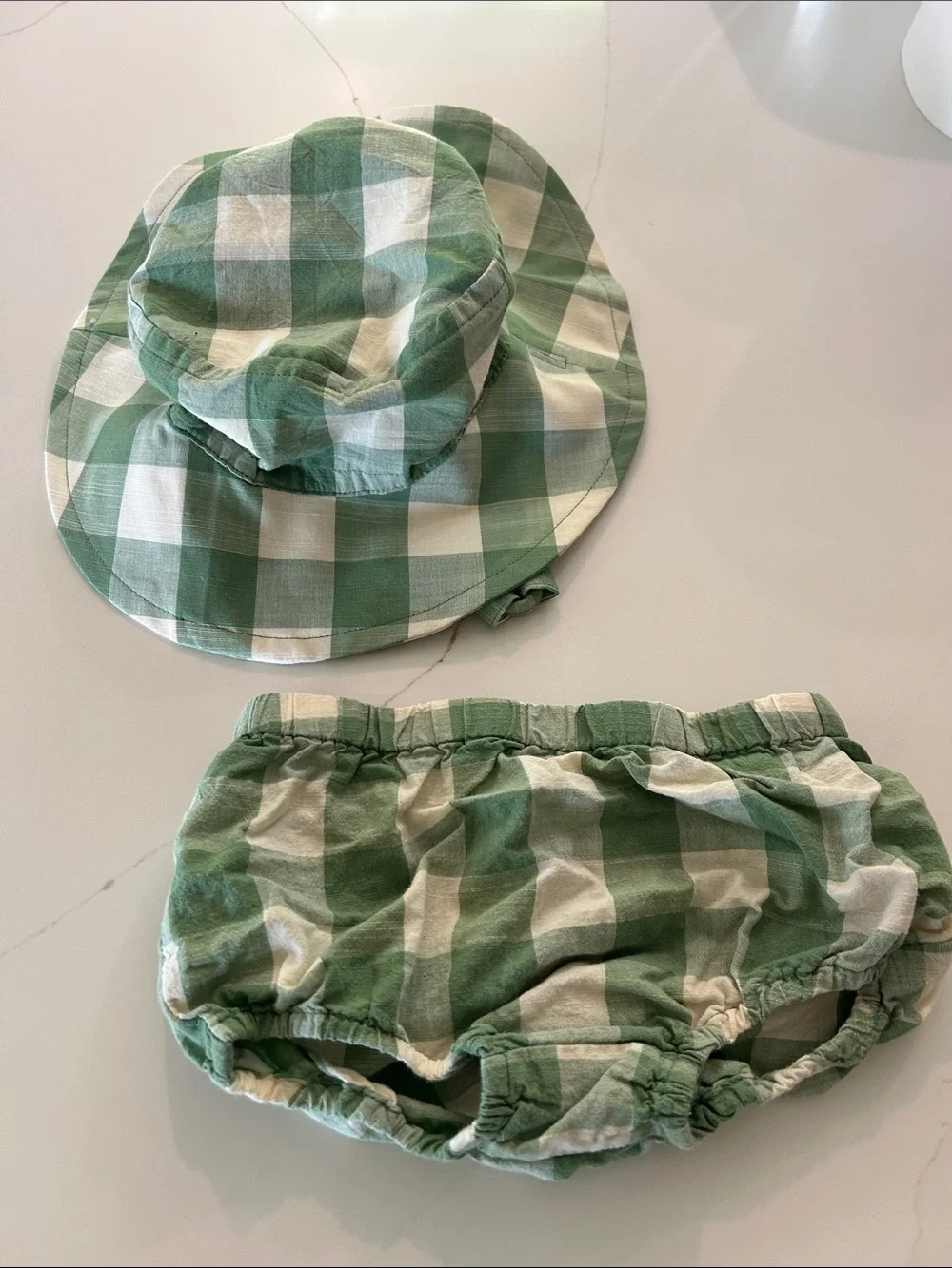Pehr Green Gingham Baby Bucket Hat and diaper cover